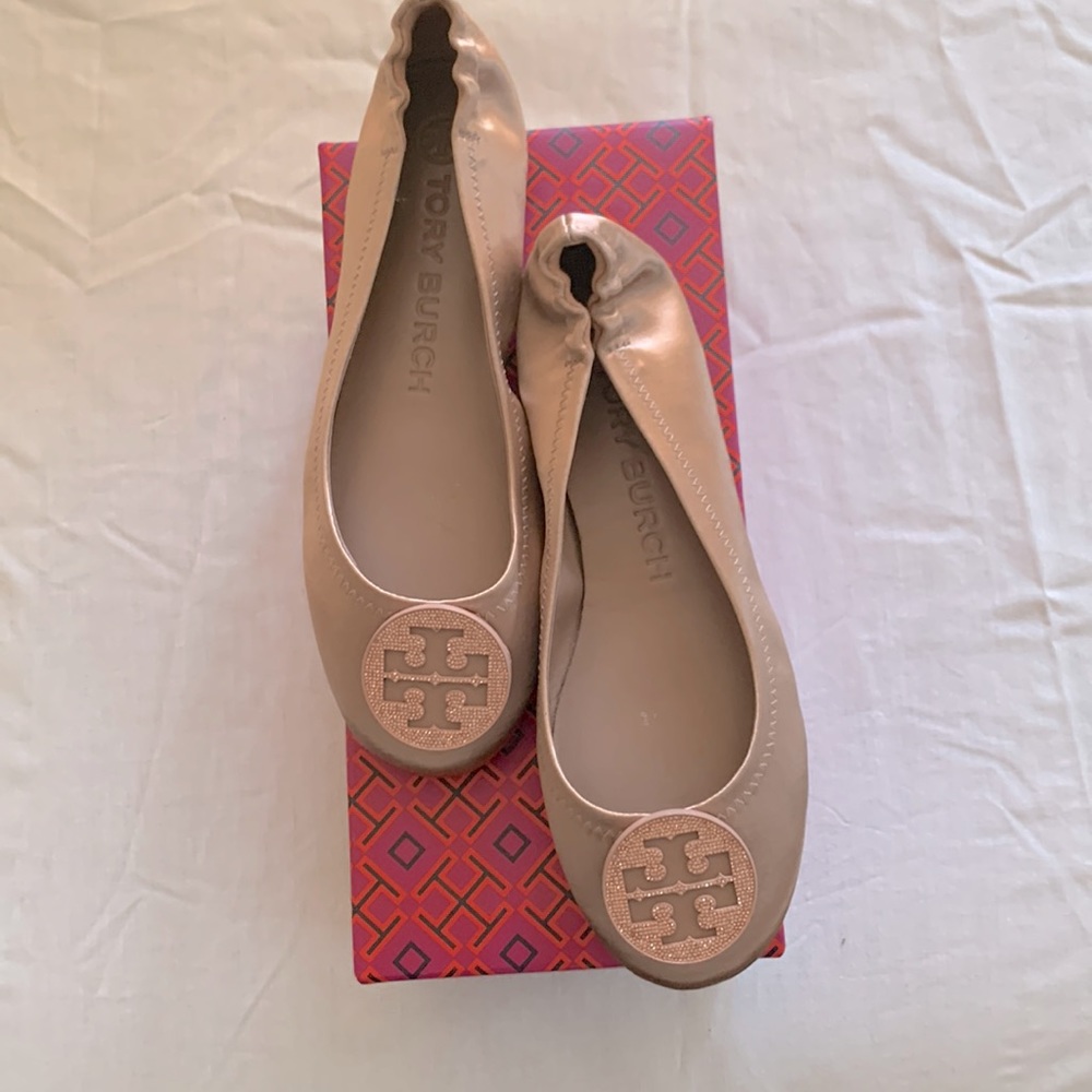 Tory Burch Minnie travel ballet flats with pave logo, satin, size 6